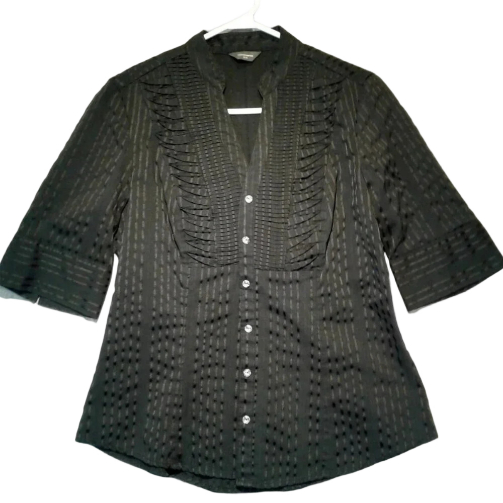 Women's Black  Short Sleeve Pleated Blouse with Shiny Buttons Size M